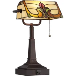 Robert Louis Tiffany Traditional Piano Banker Desk Table Lamp 17" High With AC Power Outlet Bronze Floral Art Glass Bedroom Office -Home Lighting GUEST 03ecdbab c402 4c36 b70f 3711b64ceb9f