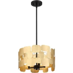 Possini Euro Design Stella Black Pendant Chandelier 15" Wide Modern Gold Leaf Drum Shade 4-Light Fixture For Dining Room House Foyer Kitchen Island -Home Lighting GUEST 13a0743c 5763 4907 bac4 591ce6fbcc9f