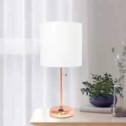 19.5" Bedside Power Outlet Base Metal Table Desk Lamp Rose Gold With White Fabric Shade - Creekwood Home -Home Lighting GUEST 15f31584 f95f 4617 afe9 5a06878a2ffd