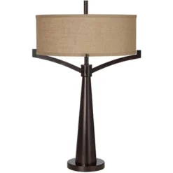 Franklin Iron Works Tremont Modern Mid Century Table Lamps 31 1/2" Tall Set Of 2 Rich Bronze Iron Burlap Fabric Drum Shade For Bedroom Living Room -Home Lighting GUEST 1912f544 8847 446c a27b a182a8d382f5