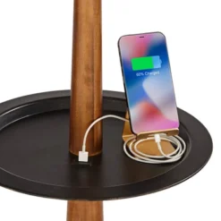 Franklin Iron Works Hunter Rustic Floor Lamp With Tray Table 64 3/4" Tall Faux Wood Bronze USB Charging Port Oatmeal Linen Drum Shade For Living Room -Home Lighting GUEST 1ef71295 7adf 4cf8 8f15 5a43f47a5677