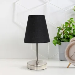 10.5" Petite Metal Stick Bedside Table Desk Lamp In Sand Nickel With Fabric Shade Black - Creekwood Home -Home Lighting GUEST 28ea273b 1d08 41bb b851 e89f743db000