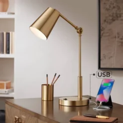 360 Lighting Industrial Modern Desk Lamp With USB And AC Power Outlet 23.5" High Antique Brass Metal For Living Room Bedroom House Bedside