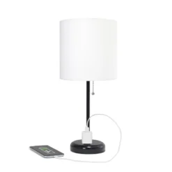19.5" Bedside Power Outlet Base Metal Table Desk Lamp In Black With White Fabric Shade - Creekwood Home -Home Lighting GUEST 315b936a 2023 4ad7 adbc 83f83884b2a0