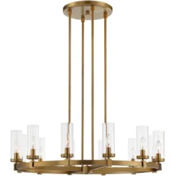 Stiffel Aron Brass Gold Wagon Wheel Chandelier 36" Wide Modern Clear Glass Shade 12-Light Fixture For Dining Room House Foyer Kitchen Island Entryway -Home Lighting GUEST 3226655e 24bd 4dd1 965c 3e04493a7428