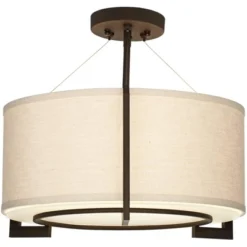 Possini Euro Design Stinson Modern Ceiling Light Semi Flush Mount Fixture 17 1/4" Wide Bronze 3-Light Linen Drum Shade For Bedroom Kitchen Living Room -Home Lighting GUEST 357f78c5 acd0 470c bd31 c9b75143728f