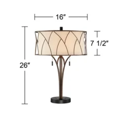 Franklin Iron Works Sydney Modern Mid Century Table Lamp 26" High Bronze With USB Charging Port Oatmeal Drum Shade For Bedroom Living Room Office Desk -Home Lighting GUEST 3fe8986d 2e87 43f8 9d8d 975760feb8dc