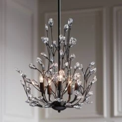 Regency Hill Aurine Matte Black Pendant Chandelier 18" Wide Modern Clear Crystal Glass Leaf 5-Light Fixture For Dining Room Foyer House Kitchen Island