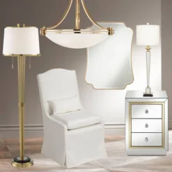 Possini Euro Design Palisade Modern Floor Lamp 64" Tall Satin Brass Metal Trimmed Fabric Tapered Drum Shade For Living Room Bedroom Office House Home -Home Lighting GUEST 45a75617 3c77 4b91 8482 5edd51006478