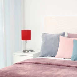 19.5" Bedside USB Port Feature Metal Table Desk Lamp Brushed Steel With Red Fabric Shade - Creekwood Home -Home Lighting GUEST 55dc447a 7d1e 4b80 917c 85d4e579c23b