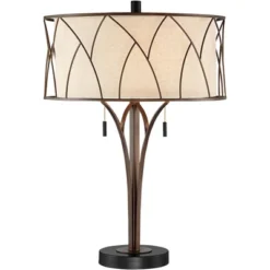 Franklin Iron Works Sydney Modern Mid Century Table Lamp 26" High Bronze With USB Charging Port Oatmeal Drum Shade For Bedroom Living Room Office Desk -Home Lighting GUEST 630484dd 654c 4936 875a fd7139348fd1