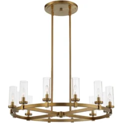 Stiffel Aron Brass Gold Wagon Wheel Chandelier 36" Wide Modern Clear Glass Shade 12-Light Fixture For Dining Room House Foyer Kitchen Island Entryway -Home Lighting GUEST 63075344 5a7a 4d76 8c1b 31cf985ef9db