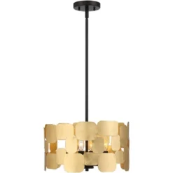 Possini Euro Design Stella Black Pendant Chandelier 15" Wide Modern Gold Leaf Drum Shade 4-Light Fixture For Dining Room House Foyer Kitchen Island -Home Lighting GUEST 64aec024 0b00 4524 a846 91d64ceb6afe