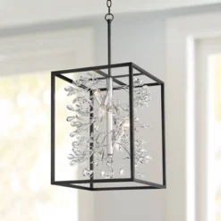 Possini Euro Design Black Silver Pendant Chandelier 15 1/4" Wide Modern Clear Crystal Flower Vine 4-Light Fixture For Dining Room House