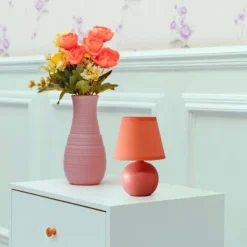 8.66" Petite Ceramic Orb Base Bedside Table Desk Lamp With Matching Tapered Drum Fabric Shade Orange - Creekwood Home -Home Lighting GUEST 6a2620d2 7192 4c15 a691 0f43c0edeb4c