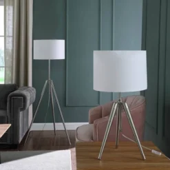 34.25" X 29.25" Mid-Century Adjustable Tripod Metal Table Lamp Chrome/Silver - Ore International -Home Lighting GUEST 77f2544f 6b0f 4c94 8708 e652e6cb0212