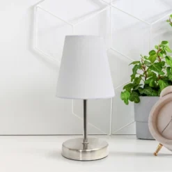 10.5" Petite Metal Stick Bedside Table Desk Lamp In Sand Nickel With Fabric Shade White - Creekwood Home -Home Lighting GUEST 7bb95a77 6041 4be6 bdad 16553504149e