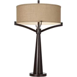 Franklin Iron Works Tremont Modern Mid Century Table Lamps 31 1/2" Tall Set Of 2 Rich Bronze Iron Burlap Fabric Drum Shade For Bedroom Living Room -Home Lighting GUEST 7d950198 1e19 48b9 a694 0f1fe1fad500