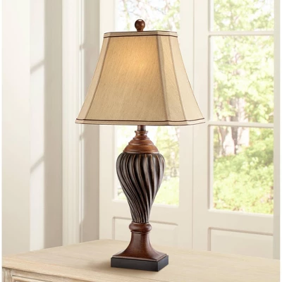 Regency Hill Traditional Table Lamp 28.5" Tall Carved Two Tone Brown Urn Shaped Beige Fabric Shade For Living Room Family Bedroom Bedside 3 Regency Hill Traditional Table Lamp 28.5" Tall Carved Two Tone Brown Urn Shaped Beige Fabric Shade For Living Room Family Bedroom Bedside