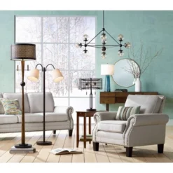 Franklin Iron Works Modern Mid Century Farmhouse Rustic Floor Lamp 64" Tall Bronze Cherry Wood Metal Cream Double Drum Shade For Living Room Reading -Home Lighting GUEST 8778746e a651 4f25 bf32 7ca27c5ef7ef