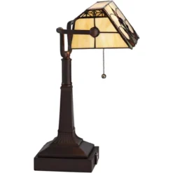 Robert Louis Tiffany Traditional Piano Banker Desk Table Lamp 17" High With AC Power Outlet Bronze Floral Art Glass Bedroom Office -Home Lighting GUEST 87f1a2d1 ce70 4d39 befb 727194d1e990