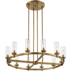 Stiffel Aron Brass Gold Wagon Wheel Chandelier 36" Wide Modern Clear Glass Shade 12-Light Fixture For Dining Room House Foyer Kitchen Island Entryway -Home Lighting GUEST 8b93172a 7885 4bd3 b114 fdcfe1bcfe18