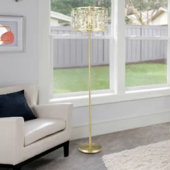 63" Cleo Glam Gold Metal And Faceted Crystal Drum Shade Floor Lamp - River Of Goods -Home Lighting GUEST 960a15ed cac2 4f70 92f6 cc733b7e2b82