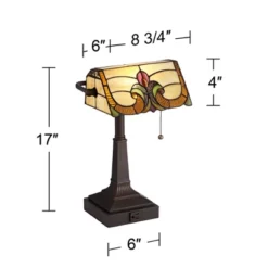 Robert Louis Tiffany Traditional Piano Banker Desk Table Lamp 17" High With AC Power Outlet Bronze Floral Art Glass Bedroom Office -Home Lighting GUEST 99b8f395 d028 4b52 98be e0a78881b3a5