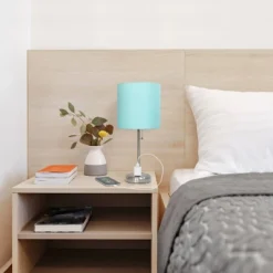 19.5" Bedside Power Outlet Base Metal Table Desk Lamp In Brushed Steel With Aqua Blue Fabric Shade - Creekwood Home -Home Lighting GUEST a812ad80 4f1b 41d3 8c5e b4a6b3b919a3