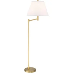 Possini Euro Design Modern Arc Floor Lamp Standing 62 1/2" Tall Warm Gold Offset Arm White Linen Drum Shade For Living Room Reading Family Bedroom -Home Lighting GUEST ac4cf91f 9a8b 4656 80cf bd7d5c55aac5