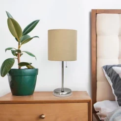 19.5" Bedside USB Port Feature Metal Table Desk Lamp Brushed Steel With Tan Fabric Shade - Creekwood Home -Home Lighting GUEST bace0f9f 9611 40a8 9734 37eed34ffb34