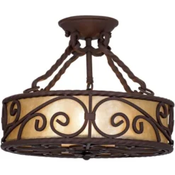 John Timberland Natural Mica Rustic Ceiling Light Semi Flush Mount Fixture 15" Wide Deep Walnut Scroll 3-Light Drum Shade For Bedroom Living Room Home -Home Lighting GUEST be0b88f4 ad37 4755 b986 df767523fdb2
