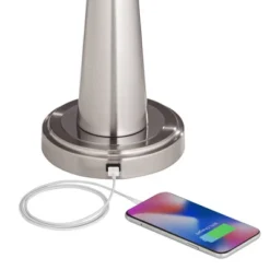 360 Lighting Karla Art Deco Style Table Lamps 25" High Set Of 2 Brushed Nickel With USB Charging Port And Table Top Dimmers White Fabric Drum For Desk -Home Lighting GUEST c260550a 1212 48ce 8e3a 12942738bf95