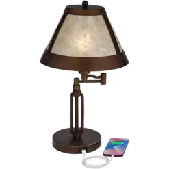 Franklin Iron Works Samuel Industrial Desk Lamp 21 1/4" High Bronze Swing Arm With USB Charging Port Natural Mica Shade For Bedroom Living Room House -Home Lighting GUEST c4c73bd1 fef7 4c2f a38b 1fc5ffab9919