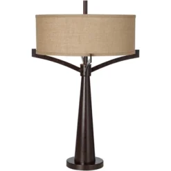 Franklin Iron Works Tremont Modern Mid Century Table Lamps 31 1/2" Tall Set Of 2 Rich Bronze Iron Burlap Fabric Drum Shade For Bedroom Living Room -Home Lighting GUEST c5ad48c2 1649 4784 9f3a c66cf049206b