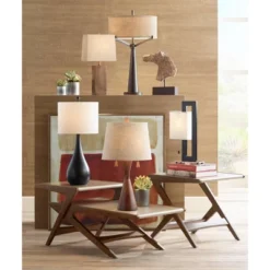 360 Lighting Omar Modern Table Lamp 28 3/4" Tall Warm Brown Wood Hourglass Oatmeal Fabric Drum Shade For Bedroom Living Room Bedside Nightstand Office -Home Lighting GUEST d65b8b8a 1a44 478d 9722 ac58b50aba81