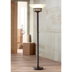 Possini Euro Design Light Blaster Modern Torchiere Floor Lamp 72 1/2" Tall Warm Bronze LED White Frosted Glass Bowl Shade For Living Room Bedroom Home