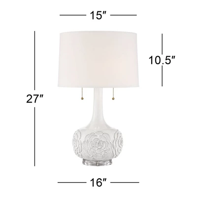 Possini Euro Design Natalia Modern Country Cottage Table Lamp With Square Riser 28 1/2" Tall White Floral Ceramic Drum Shade For Bedroom Living Room 6 Possini Euro Design Natalia Modern Country Cottage Table Lamp With Square Riser 28 1/2" Tall White Floral Ceramic Drum Shade For Bedroom Living Room - Image 4