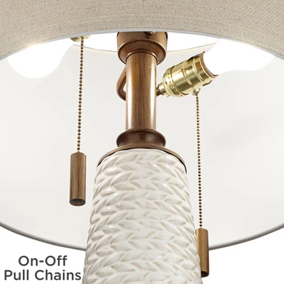 Possini Euro Design Kingston Modern Mid Century Table Lamp 32 3/4" Tall White Grooved Patterned Ceramic Taupe Drum Shade For Bedroom Living Room House 6 Possini Euro Design Kingston Modern Mid Century Table Lamp 32 3/4" Tall White Grooved Patterned Ceramic Taupe Drum Shade For Bedroom Living Room House - Image 4