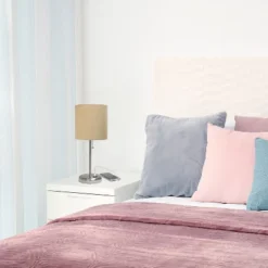 19.5" Bedside USB Port Feature Metal Table Desk Lamp Brushed Steel With Tan Fabric Shade - Creekwood Home -Home Lighting GUEST f05834ce 5eac 442e 8484 da48eb1efe57